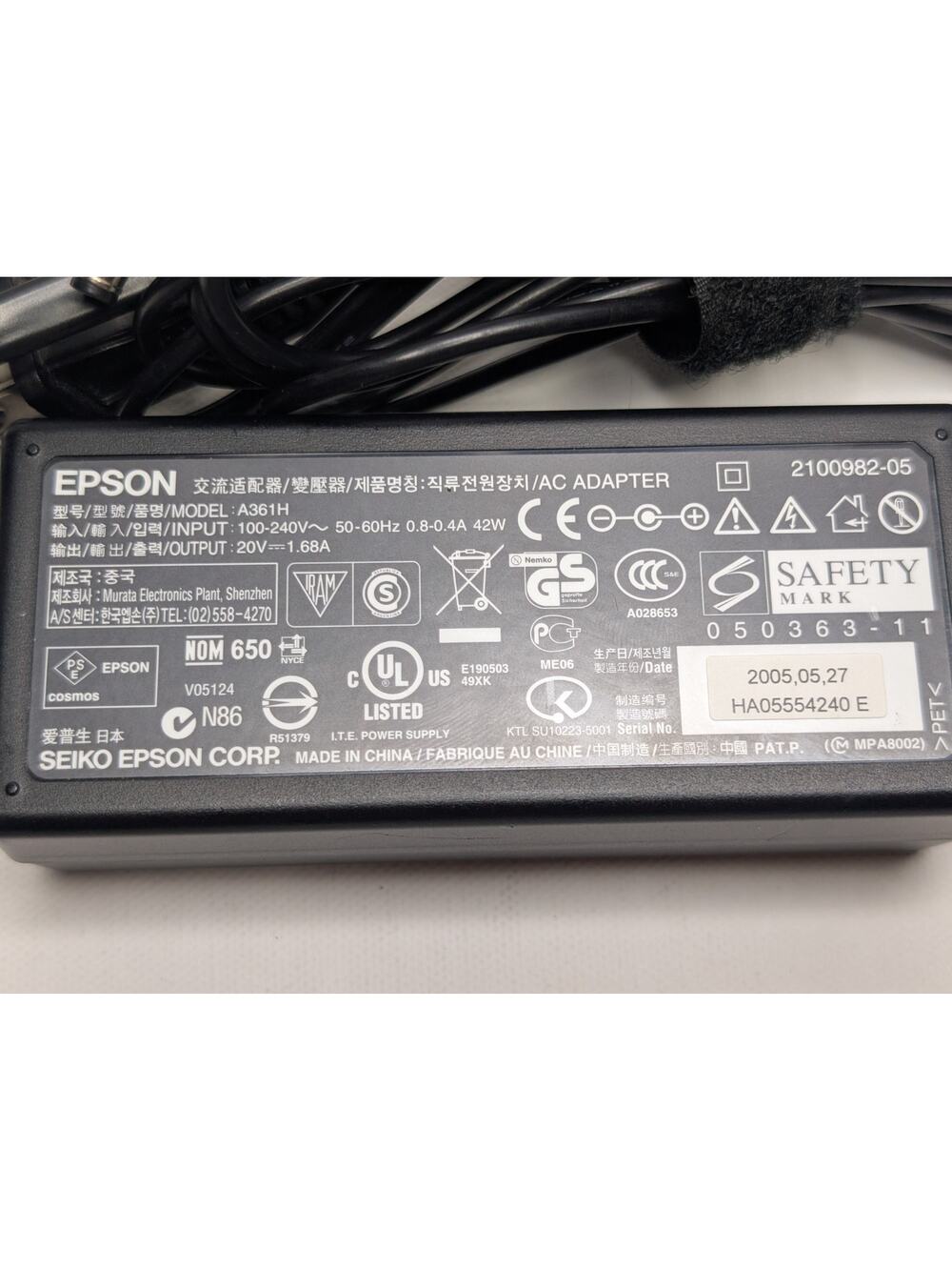 Genuine Epson A361H AC Adapter 20V 1.68A 42W Power Supply OEM